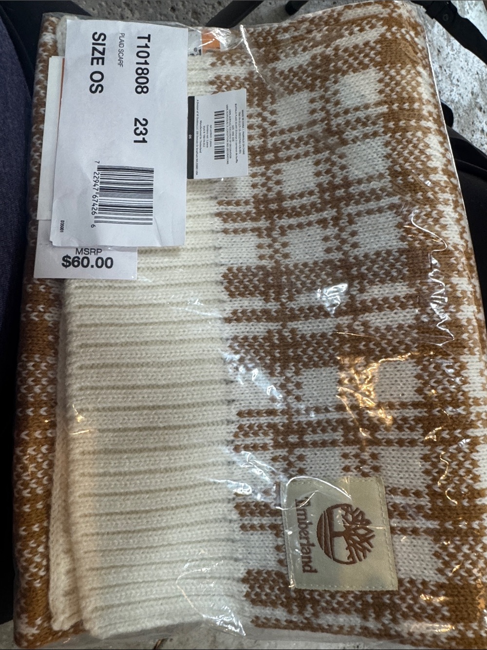 Timberland Cream and Brown Plaid Knit Scarf